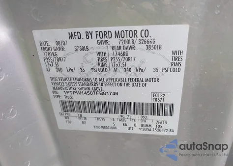 2007 Ford F-150 Fx4/Lariat/Xlt from USA, damaged, VIN 1FTPW14507FB81746